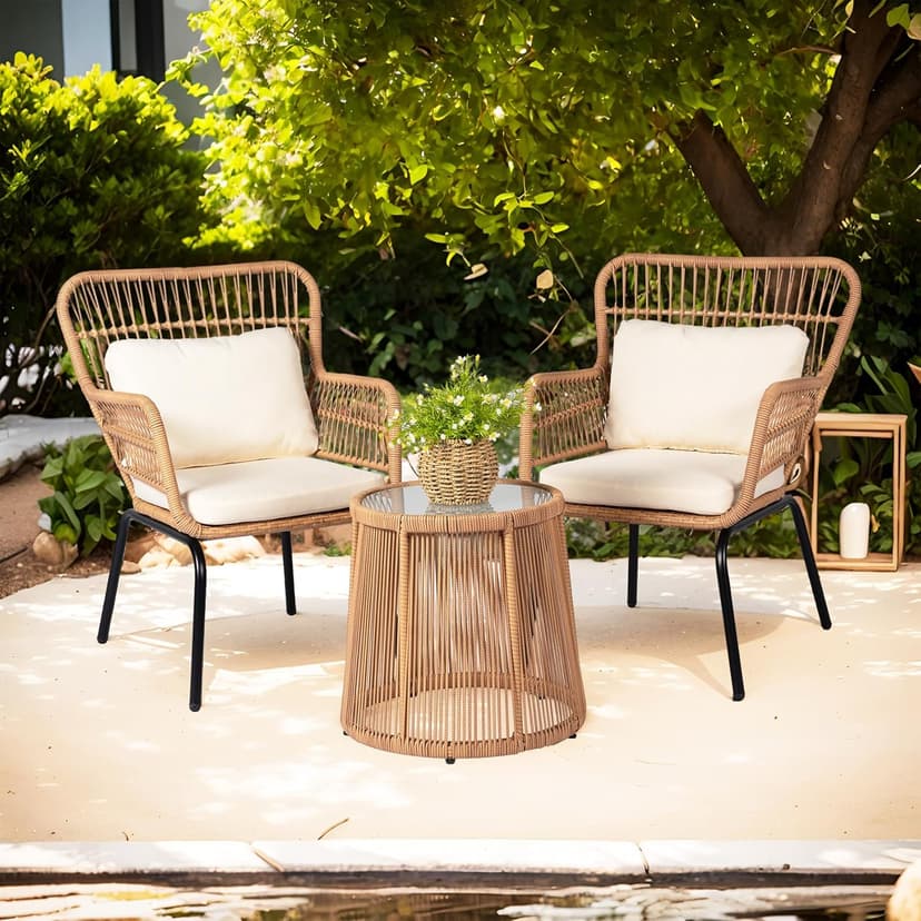 3 Piece Outdoor Wicker Furniture Bistro Set, Rattan Chairs Conversation Sets Wicker Patio Furniture for Balcony Poolside Backyard, Yellow/Beige