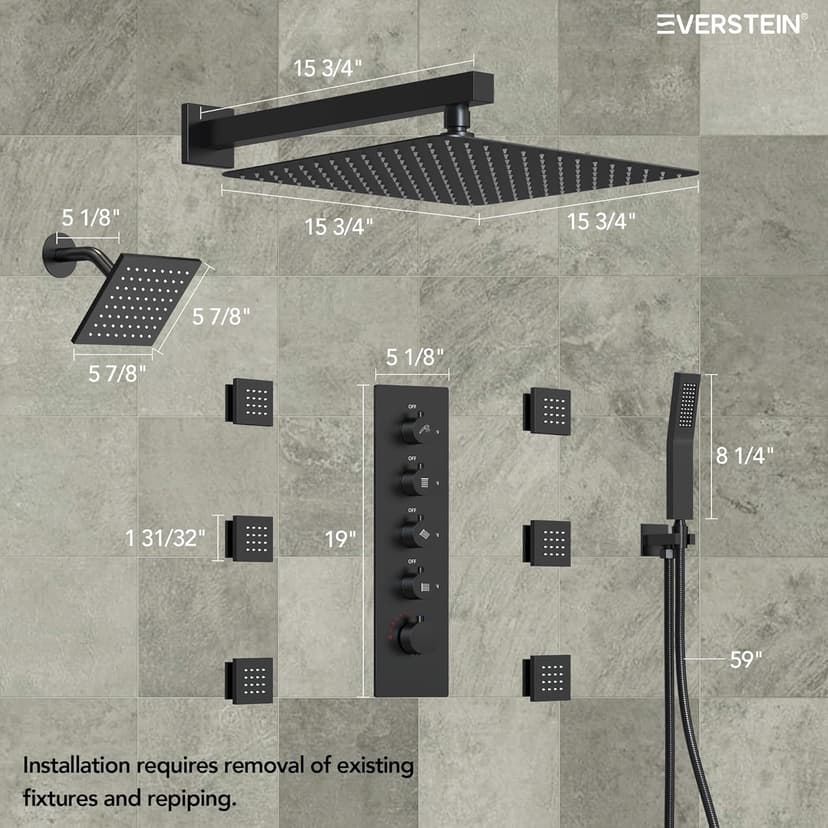 Thermostatic Shower system with 6 Body Jets, 16, 6 in. Bathroom Shower Set Wall Mount Dual Shower Head Faucet in Matte Black