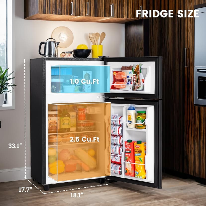 3.5 Cu.Ft Mini Fridge with Freezer, 2 Door Small Refrigerator, 7 Level Adjustable Thermostat, Compact Fridge for Living Room, Office, Kitchen and Apartment(Black)
