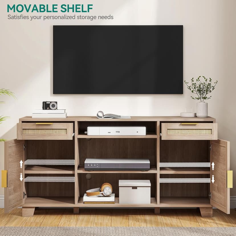 YITAHOME Rattan TV Stand for up to 65 Inch TVs, Boho Entertainment Center with Storage, TV Media Console with Drawers, Adjustable Shelves for Living Room (Natural Oak)