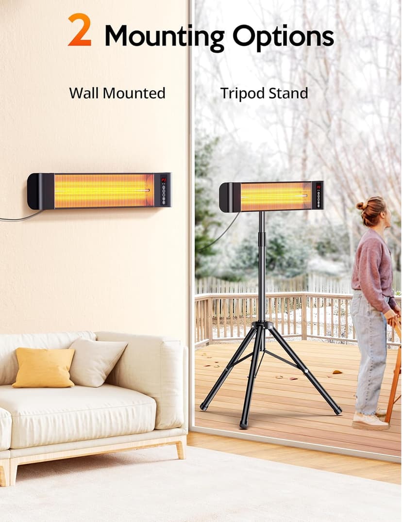VAGKRI Outdoor Heaters, Electric Infrared Patio Heater with Remote and 12H Timer, IP65 Waterproof, 3 Heat Levels, Wall Mount or Tripod Stand for Home, Office, Patio, Garage