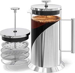 Cafe Du Chateau Stainless Steel French Press Coffee Maker - 34oz Insulated Coffee Press with 4-Level Filtration, BPA Free, Durable Glass, Great for Tea