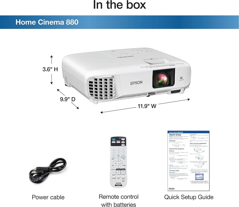Epson Home Cinema 880 3-chip 3LCD 1080p Projector, 3300 lumens Color and White Brightness, Streaming and Home Theater, Built-in Speaker, Auto Picture Skew, 16,000:1 Contrast, HDMI 2.0, White