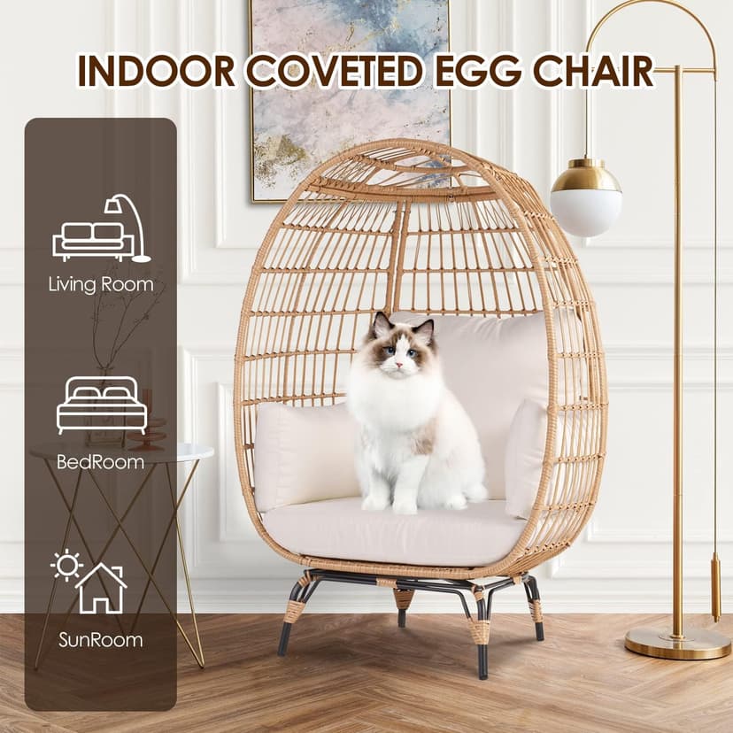Oversized Wicker Egg Chair Set of 2, Outdoor Indoor Lounger with 4 Cushions, 440lb Capacity, Egg Basket Chair for Living Room, Backyard, Balcony, Patio, Beige