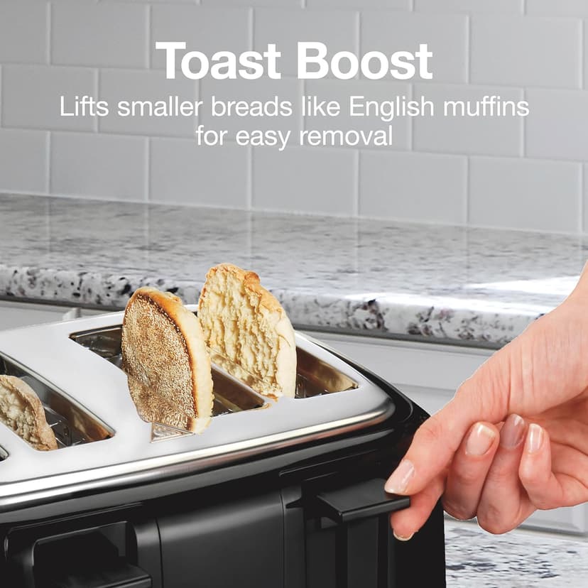 Proctor Silex 4 Slice Toaster with Extra Wide Slots for Bagels, Cool-Touch Walls, Shade Selector, Toast Boost, Auto Shut-off and Cancel Button, Black (24215PS)