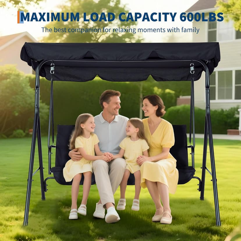 Outdoor Porch Swing Chair with Adjustable Canopy for Adults 3 Seat Glider Bench with Thickened Cushions Outside Patio Swing for Backyard Lawn Garden Black