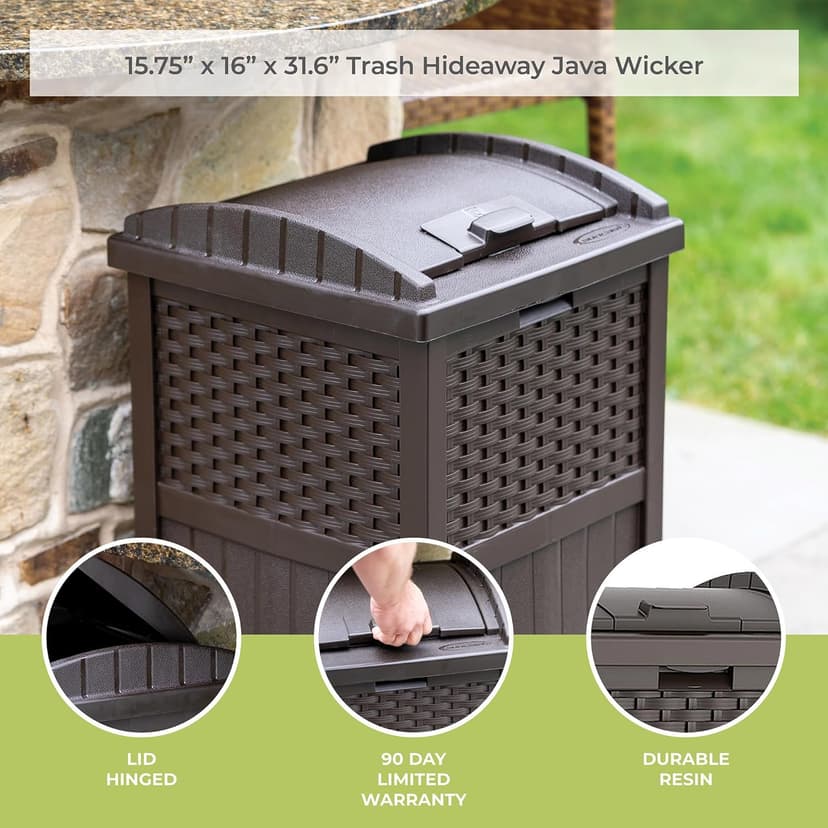 Suncast 33 Gallon Commercial Outdoor Trashcan Hideaway with Lid for 30 to 33 Gallon Trash Bags for Garage, Backyard, or Garden, Brown