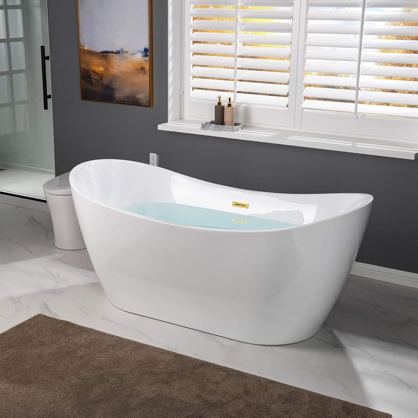 WOODBRIDGE 67" Acrylic Freestanding Bathtub Contemporary Soaking White Tub with Brushed Gold Overflow and Drain，B0010-BG