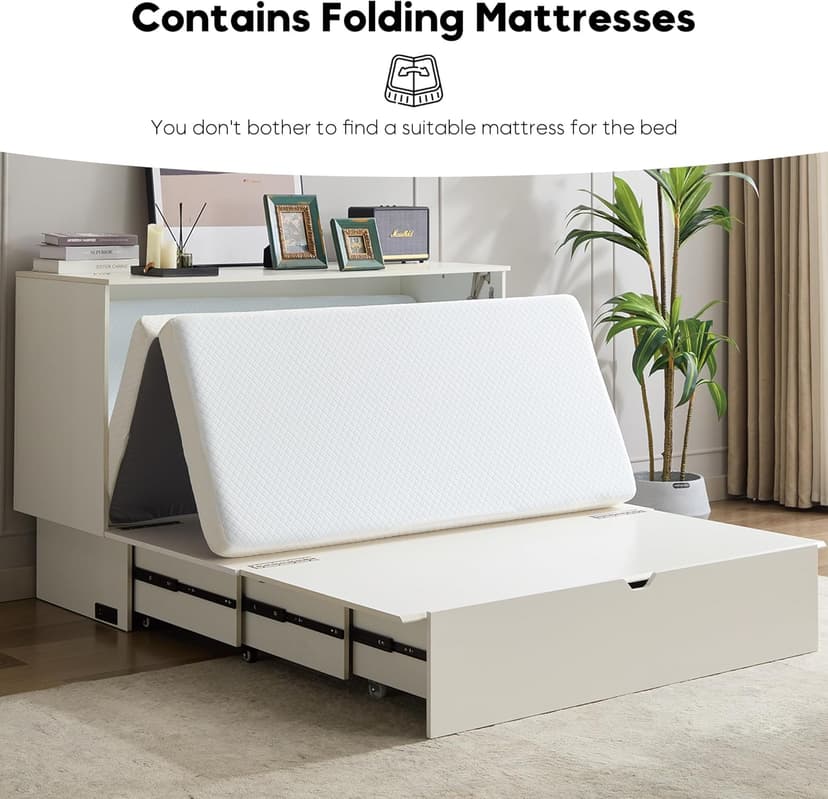 Queen Size Murphy Bed Cabinet with Charging Station & Storage Drawer, Wall-Mounted Tri-Fold Mattress Space Saver for Bedroom, Living Room, Office - White
