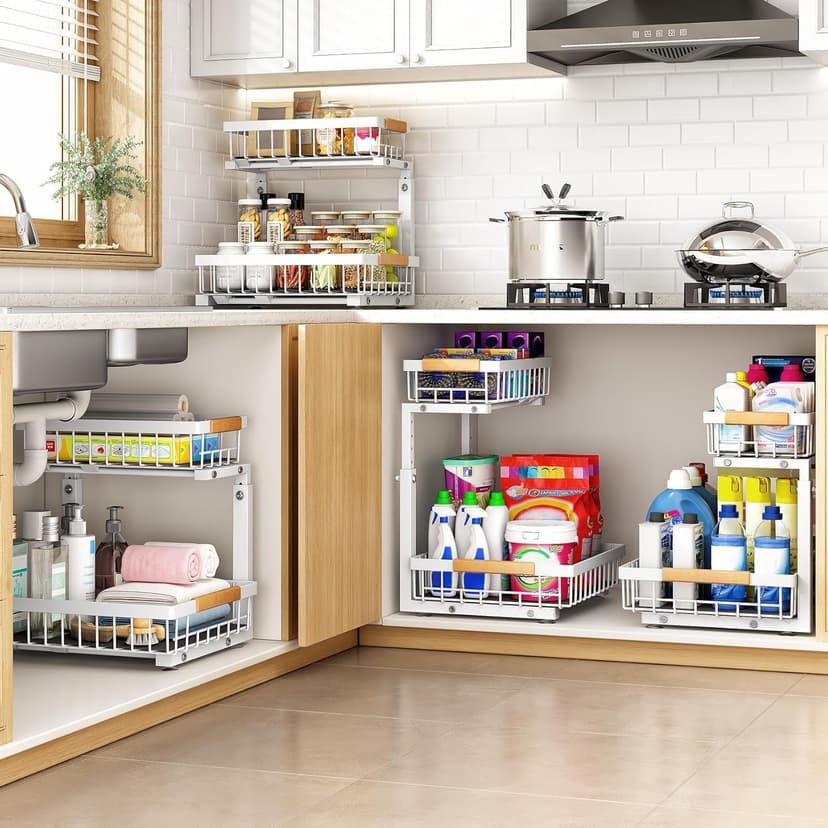 PXRACK 2 Pack Under Sink Organizer,Adjustable Height,2 Tier Pull Out Under Cabinet Organizer,Slide Out Thickened Metal Under Sink Storage for Kitchen Bathroom Laundry Cabinet Pantry,White