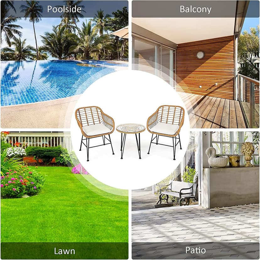 Bistro Table and Chairs Set of 2, Outdoor Patio Rattan Chair & Tempered Glass Coffee Table Set w/Removable Washable Beige Cushion Cafe Set for Indoor Balcony, Poolside, Garden (Pale Brown)
