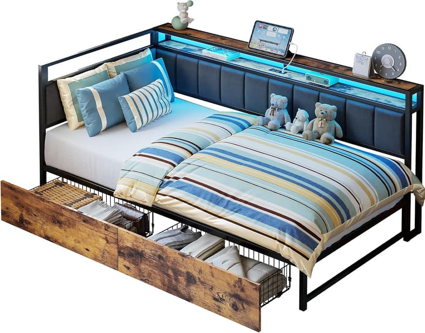 LIKIMIO Corner Bed Frame Twin Daybed with Storage Drawers, Metal Platform Bed Frame with LED Light, Charging Station & Fabric Upholstered Fence, Black