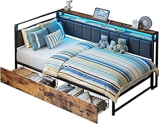 LIKIMIO Corner Bed Frame Twin Daybed with Storage Drawers, Metal Platform Bed Frame with LED Light, Charging Station & Fabric Upholstered Fence, Black