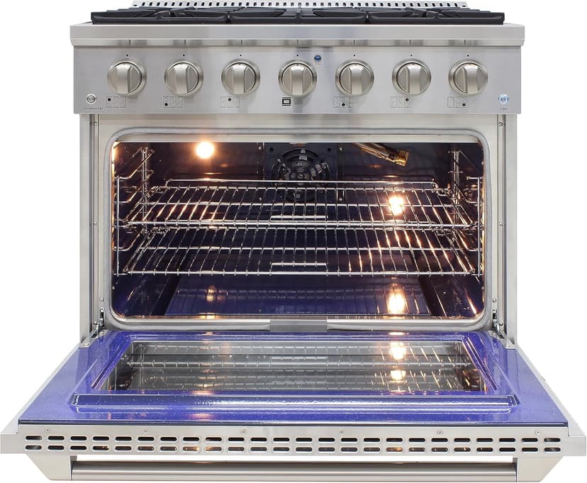 DE360GRSSS Gas Range Cooktop 36-Inch with Porcelain Convection Oven and Broil Function, 6 Sealed Burners and Continuous Grates with Stainless Steel Construction, Silver