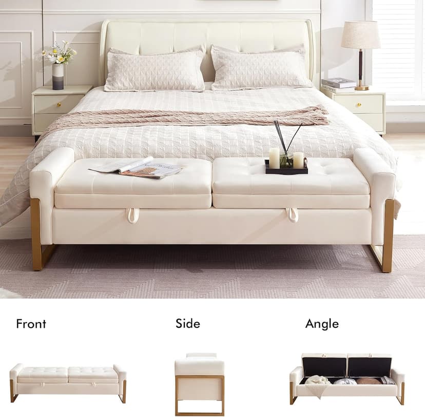 67" Storage Bench for Bedroom, King Size End of Bed Bench with Double Lids, Upholstered Storage Ottoman Bench with Golden Metal Legs, Bedroom Bench for Entryway, Cream