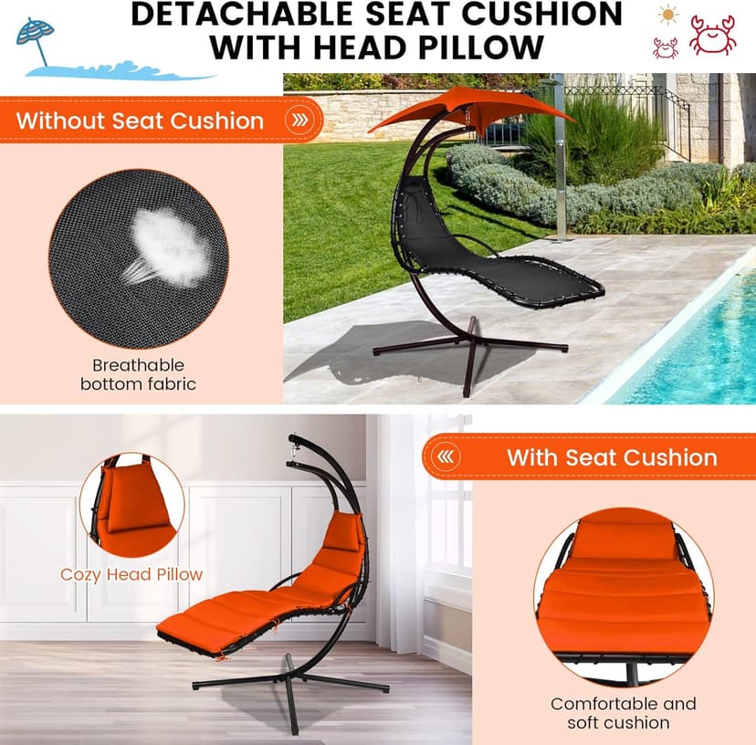 Tangkula Hanging Chaise Lounge, Arc Stand Floating Hammock Swing Chair w/ Canopy and Built-in Pillow, Curved Steel Patio Lounge Chair, Freestanding Hammock Chair with Stand for Patio Backyard Garden
