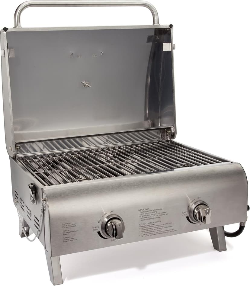 Cuisinart Chef's Style Tabletop Portable Propane Gas Grill with Dual Burners (20,000 BTUs Total), Twist-Start Ignition Stainless Steel BBQ Grill for Camping, Tailgates, BBQ, Hassle-Free Setup