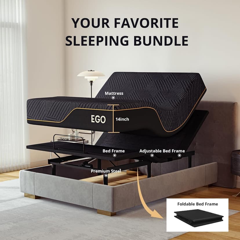 EGOHOME Split King Adjustable Bed Frame and 14 inch Copper Gel Memory Foam Mattress Set, Metal Foldable Bed Base with Remote, Head and Foot Incline, Zero Gravity Mode, Easy Assembly