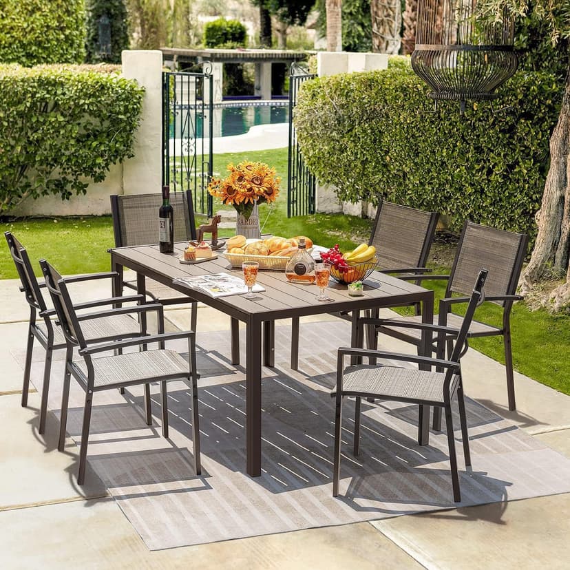 Homall Patio Dining Set 7 Pieces Outdoor Furniture with Large Table and 6 Textilene Chairs for Porch, Poolside, Yard and Garden, Brown