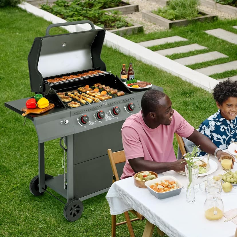Royal Gourmet GA4401T 4 Burner Propane Gas Grill with Porcelain-enameled Cast Iron Grates, Outdoor BBQ Grill with Warming Rack for Outdoor Cooking and Backyard Barbecues, Black and Gray