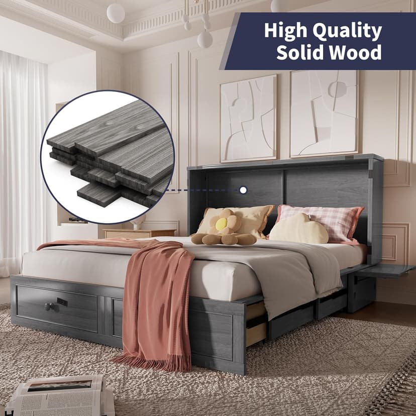 ijuicy Murphy Bed Queen with Foam Mattress, Convenient Murphy Bed Cabinet with Charging Station & Storage Board, Bed That Folds into Cabinet with Large Storage Drawer for Bedroom,Guest Room(Grey)