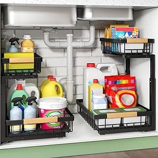 Under Sink Organizer, 2 Packs 2 Tier Under Sink Organizers and Storage, Slide Out Pull Out Cabinet Organizer Shelf, Metal Sliding Drawer for Kitchen Bathroom Pantry Cabinet Closet Organization Rack
