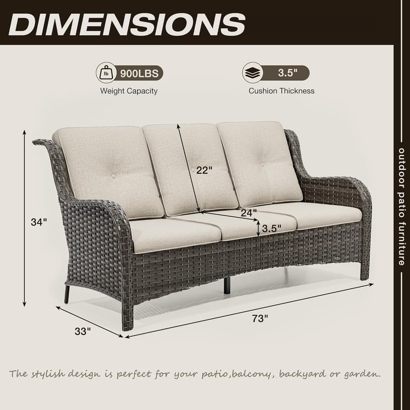 Joyside Outdoor Patio Couch Wicker Sofa - 3 Seater Rattan Sofa for Outside Patio Garden with Deep Seating and Olefin Cushions(Mixed Grey/Beige)