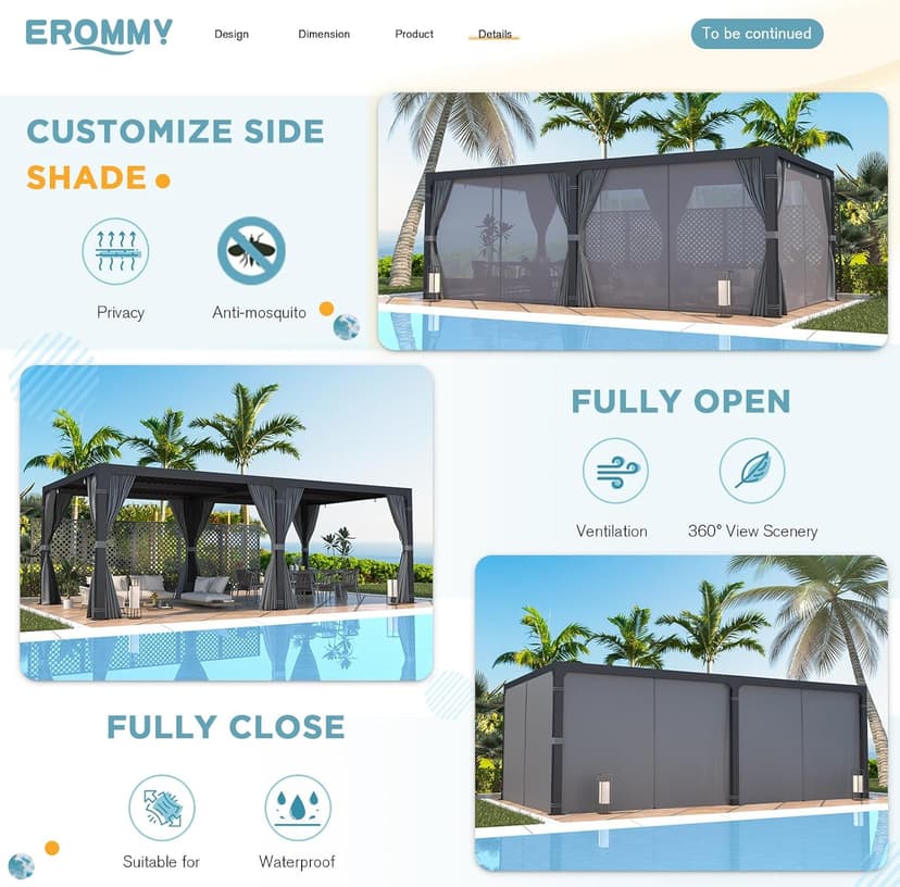 EROMMY Louvered Pergola 12' x 24' Outdoor Hard Top Pergola with Aluminum Frame and Adjustable Metal Rainproof Roof for Garden & Patio, Curtains and Netting Included, Gray-Black