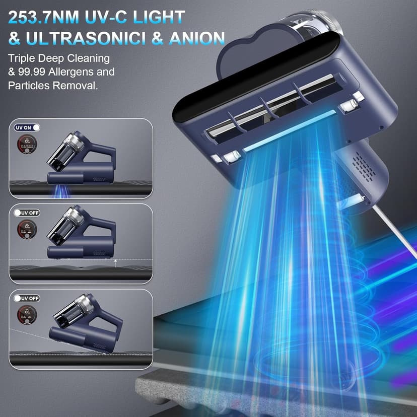 Mattress Vacuum Bed Vacuum Cleaner with 253.7nm UV-C Light, 600W & 16Kpa Strong Suction,33000 RPM/Min Tapping, HEPA Filter,149℉ Heat & Ultrasonic & Anion for Bed and Pet