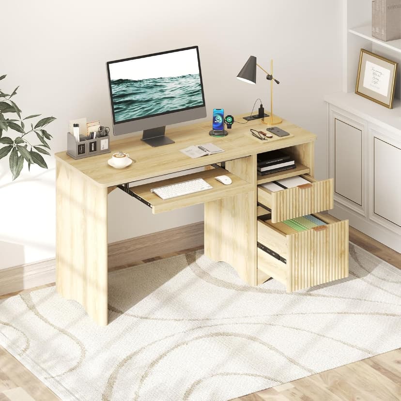 Bestier Computer Desk with Keyboard Tray, 55 inch Office Desk with Power Outlet, Modern Home Office Desk with File Drawer (Natual Oak, 55" W with Single-Sided Drawers)