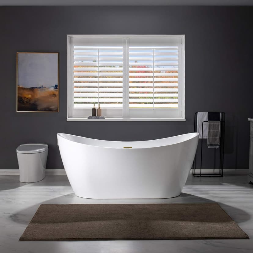 WOODBRIDGE 67" Acrylic Freestanding Bathtub Contemporary Soaking White Tub with Brushed Gold Overflow and Drain，B0010-BG