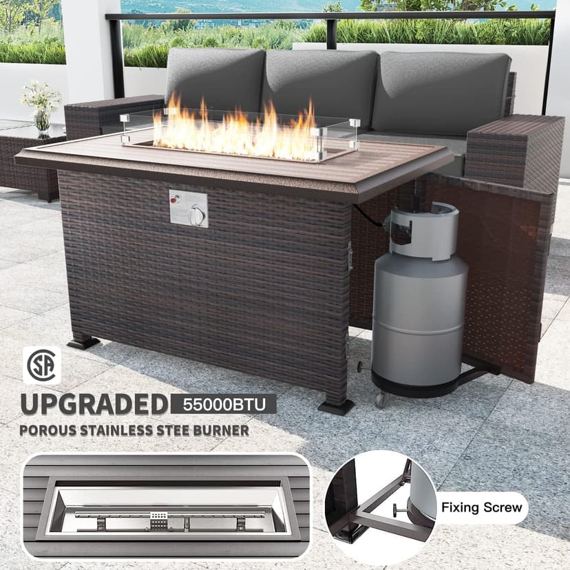 Kullavik 13 Pieces Outdoor Patio Furniture Set with 43" 55000BTU Gas Propane Fire Pit Table PE Wicker Rattan Sectional Sofa Patio Conversation Sets,Grey