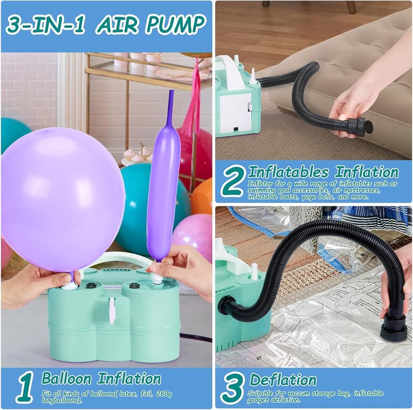 AGPtEK 3-in-1 Air Pump for Inflatables and Balloon Electric Air Balloon Pump 600W for Latex 260Q Foil Balloons with Hose Extension Quick-Fill Inflator Deflator for Air Mattress, Compression Bag