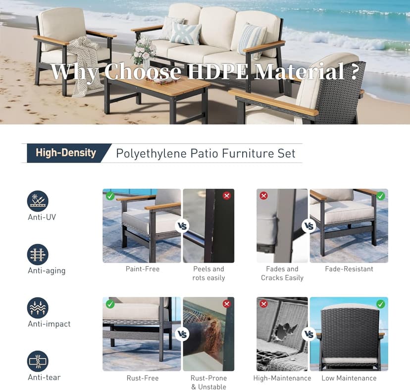 HDPE Outdoor Patio Furniture 4-Piece Set, All Weather Modern Patio Conversation Sets with Wood-grain Extended Table, Outdoor Patio Couch Set, Black Frame with Beige 4.7" Thick Cushions