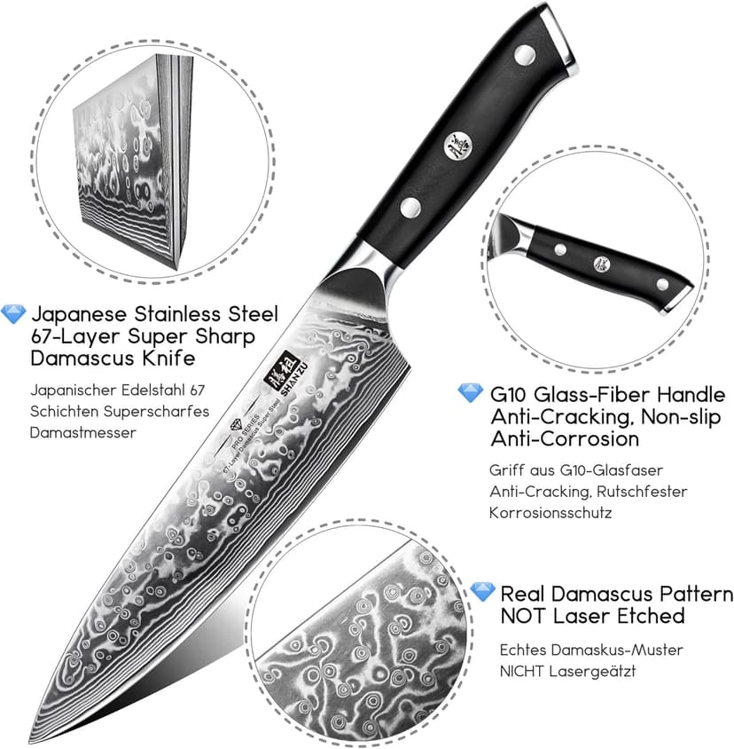 SHAN ZU Damascus Knife Set, Japanese Super Steel 3 PCS Damascus High Carbon Professional Ultra-Sharp Kitchen Chef Knife Set with G10 Handle Gift Box