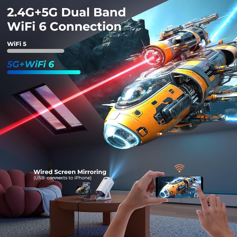 Portable WiFi and Bluetooth Projector - 4K 1080P Supported Android Smart Mini Movie Projector, 270°Adjustable Stand Outdoor Home Star Projector with Ambient Light for Phone TV Stick Laptop