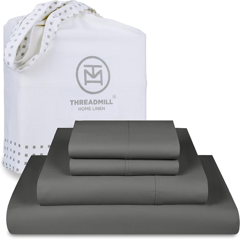 Threadmill Luxury 800 Thread Count King 100% Cotton Sheets - Dark Grey Sateen Weave Bed-Sheets, Better Than Egyptian Cotton,4 Pc Solid Soft Bedding Set, Fits 16" Deep Pocket