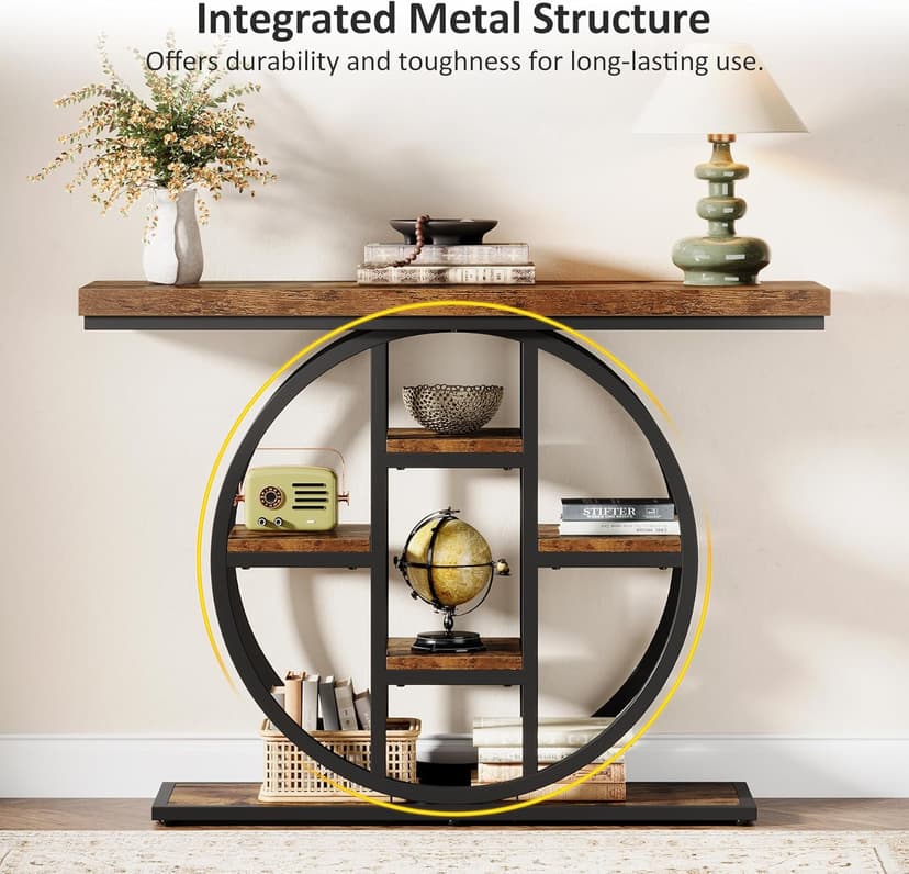 41" Console Table for Entryway, 4-Tier Industrial Narrow Wood Sofa Accent Tables with Circle Storage Shelves for Living Room, Hallway, Foyer (Rustic Brown)