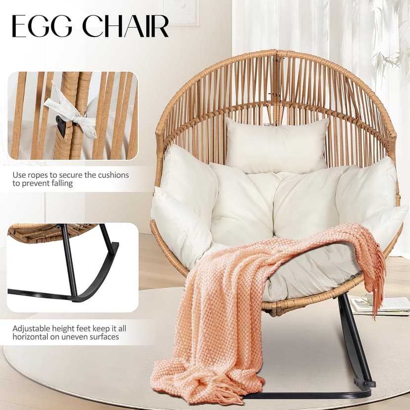 JAMFLY Egg Chair Outdoor Rocking Chairs, Wicker Patio Chair Oversized Lounger Chair with Cushion for Indoor Living Room Bedroom Outside Patio Backyard Balcony, Beige