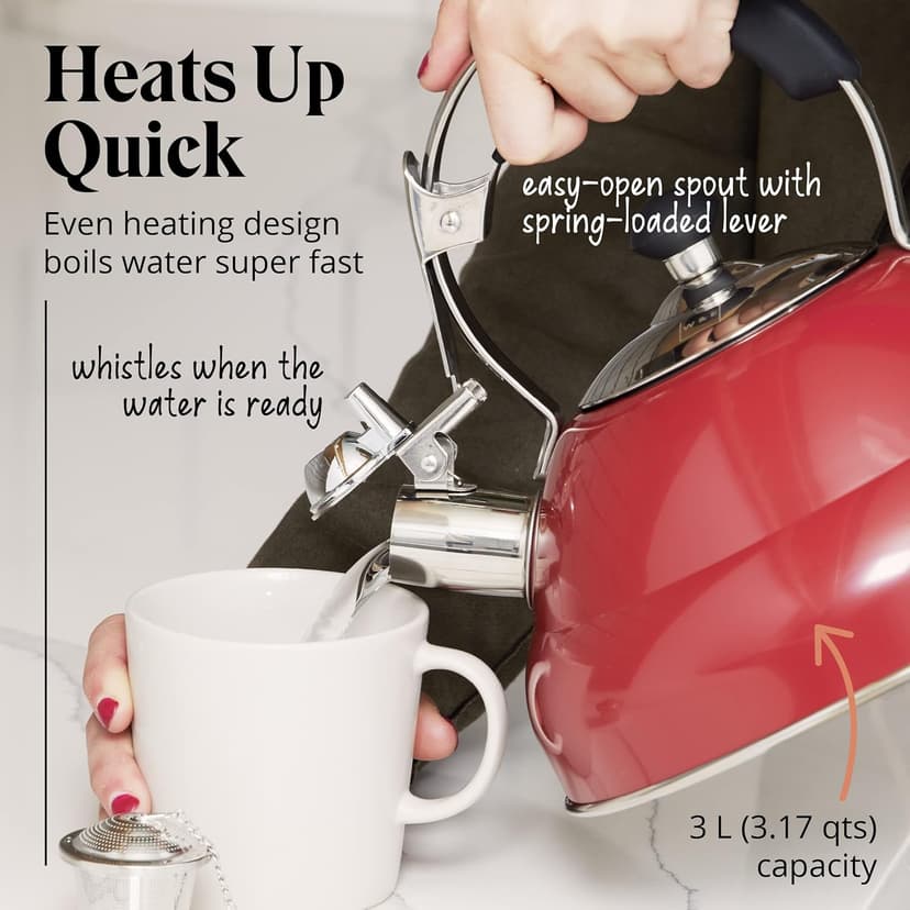 Willow & Everett Whistling Tea Kettle for Stove Top - 3.17 Quart Tea Pots for Stove Top w/Stainless Steel, Mirror Finish & Strainer