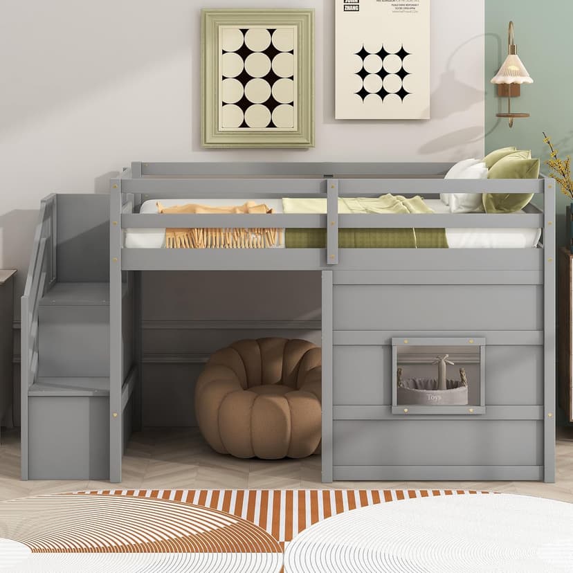 SOFTSEA Low Loft Bed with Stairs, Twin Size Loft Bed with Storage Staircase and Window, Kids Low Loft Bed Frame with Playhouse for Teens Juniors, No Box Spring Needed, Grey