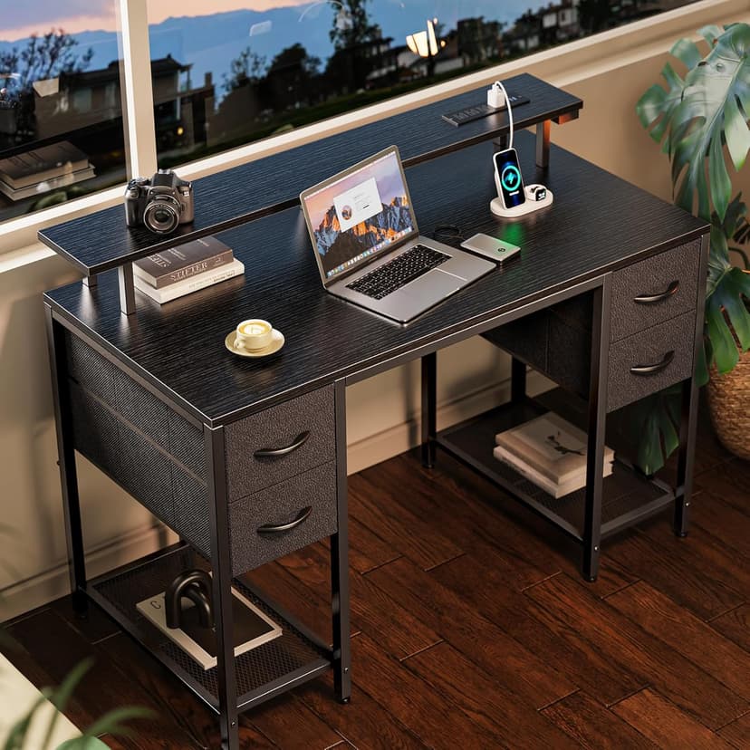 Huuger 47 inch Computer Desk with 4 Drawers, Gaming Desk with LED Lights & Power Outlets, Home Office Desk with Large Storage Space for Bedroom, Work from Home, Black