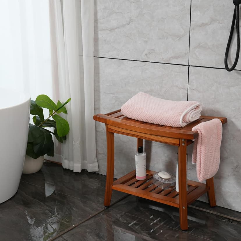 Utoplike Teak Shower Bench Seat with Handles, Portable Wooden Spa Bathing Stool with Storage Towel Shelf, 22" x 13" x 18.6", Perfect for Indoor and Outdoor Use