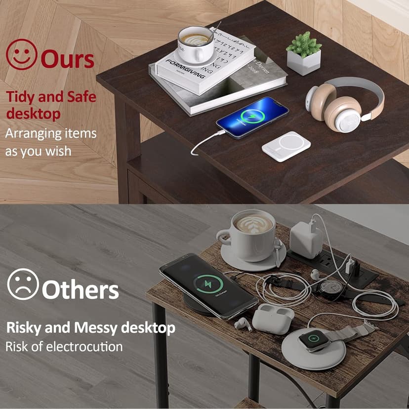 HIFYOBRO 24''Tall End Table with Charging Station, Adjustable Shelf, Storage Side Table,21" Large Nightstand for Living Room, Bedroom,Espresso