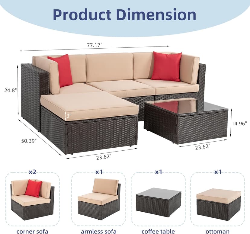 Vongrasig 5 Piece Patio Furniture Sets, All-Weather Brown PE Wicker Outdoor Couch Sectional Set, Small Conversation Set for Garden/Patio w/Ottoman, Glass Table, Red Pillow, Beige