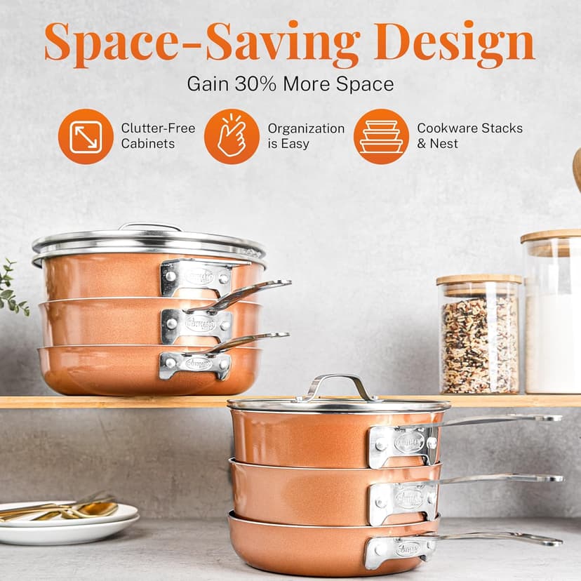 GOTHAM STEEL 10 Pc Copper Pots and Pans Set Non Stick Cookware Sets for Kitchen, Space Saving Pots and Pans with Fry Pan and Pot Set, Non Toxic, Nonstick Cookware Set, Oven and Dishwasher Safe