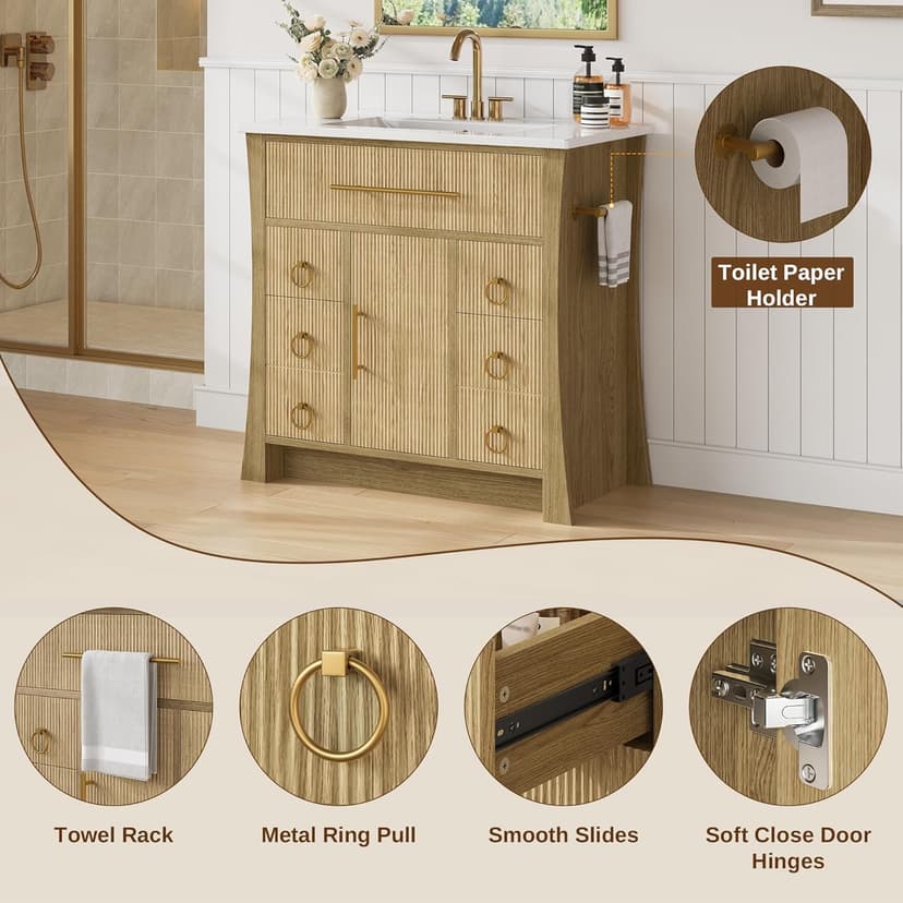IRONCK 36" Bathroom Vanity with Sink, Freestanding Bathroom Sink Cabinet with 4 Drawers & 1 Flip-Down Drawer, Wood Grain Texture, Metal Handle, Farmhouse