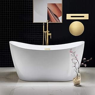 WOODBRIDGE 59" Acrylic Freestanding Bathtub Contemporary Soaking White Tub with Brushed Gold Overflow and Drain，BTA1516-BG-Drain-&O