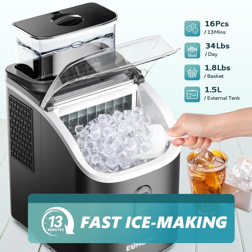 EUHOMY Ice Cube Maker Machine Countertop with External Water Tank, 34Lbs, 16Pcs Ready in 13 Mins, 2 Ways to Add Water, Auto-Cleaning, with Ice Scoop & Basket, for Home/Kitchen/Office/Bar (Black)