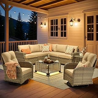 HOOOWOOO Outdoor Sectional Patio Furniture Set,9 Pieces Wicker Conversation Sets L Shaped Couch,Extra Deep Out Door Sofa Outside Furniture with Rocking Chairs,Beige